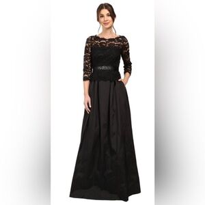 Adrianna Papell black bateau neckline Lace Taffeta Ball Gown maxi dress size 4‎